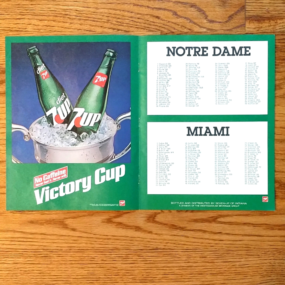 1984 7UP Mami Hurricanes @ Notre Dame football centerfold print ad. Bernie Kosar